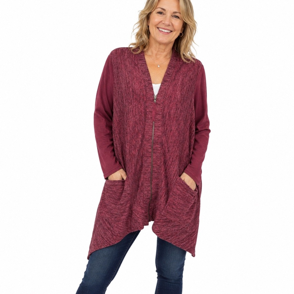 LOGO Lori Goldstein Burgundy Space Dye Zip Front Sharkbite Cardigan Small Shirt